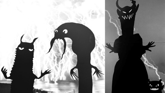 Monster med lysende øyne og flerrende lyn i bakgrunnen