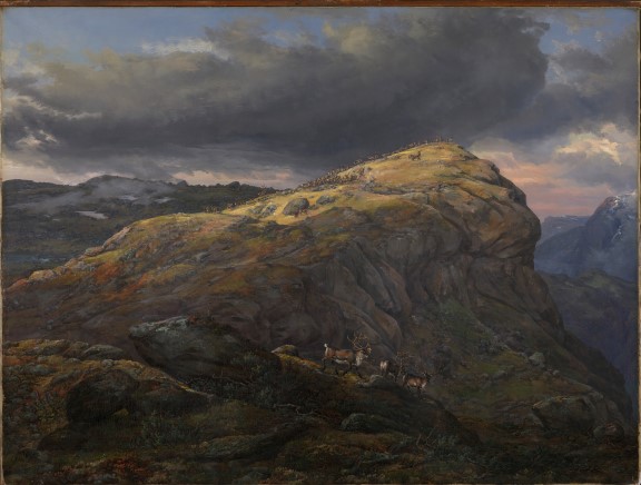 Johan Christian Dahl, «Stugunøset på Filefjell», 1851. Fjellknaus med reinsdyr