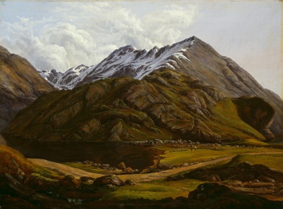 Jacob Calmeyer,«Svartediket ved Bergen», 1831. Mørkt vann foran fjelllandskap