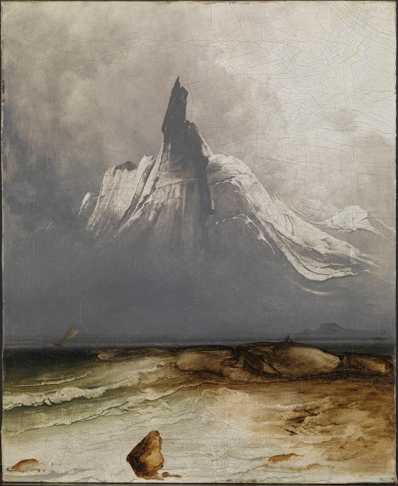 Peder Balke, «Stetind i tåke», 1864. Grått fjell som stiger ut av havet