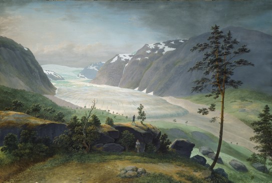 Johannes Flintoe, «Nigardsbreen», 1834. Grønt og en bre i det fjerne med en mann som skuer utover