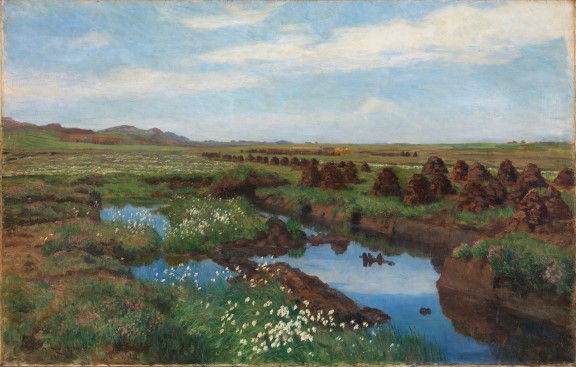 Kitty Kielland, «Torvmyr på Jæren», 1901. Blåhimmel som speiles i vann i grønn myr