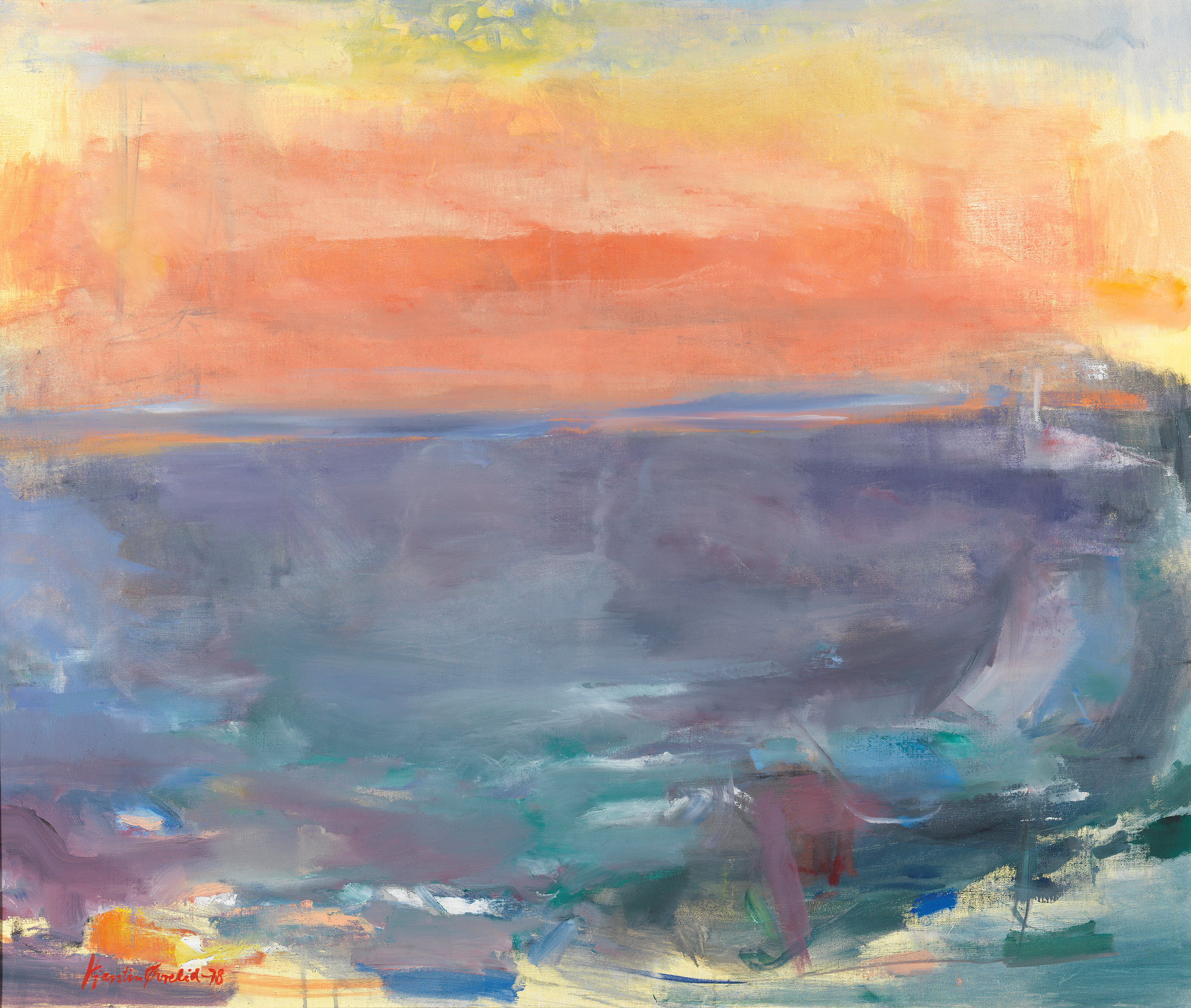 Kjerstin Øvrelid, «Hav og rød himmel», 1978. Abstrahert blått hav og rød og gul himmel