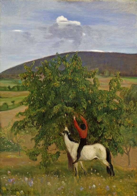 Halfdan Egedius, «Sommer, Bø i Telemark», 1896.  Mann på hvit hest som plukker frukt fra et grønt tre