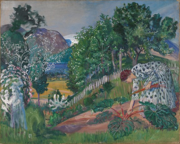 Nikolai Astrup,«Vårkveld i Jølster», 1926 (antatt) Kvinne plukker rabarbra i frodig grunn