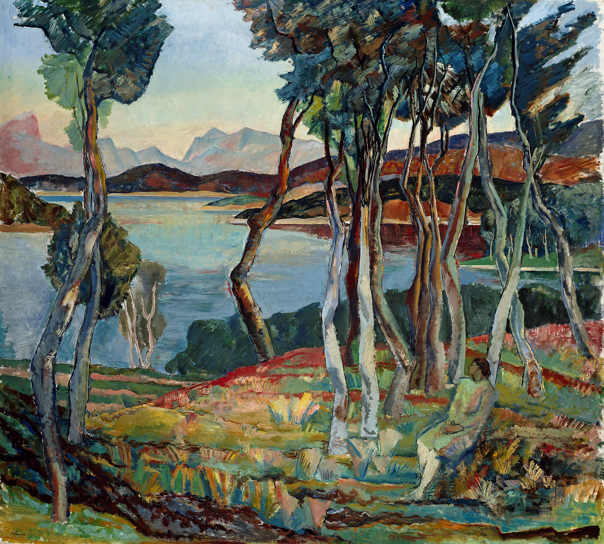 Axel Revold,«Sommernatt i Nordland», 1930. Moderne maleri av kvinne ved snirklete trær som ser utover vannet