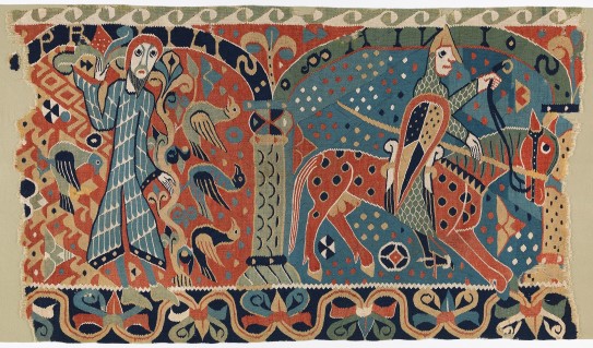 Ukjent kunstner, «Baldisholteppet», mellom 1150 og 1190. Billedteppe fra middelalderen i Norge som viser to menn, en hest og fugler