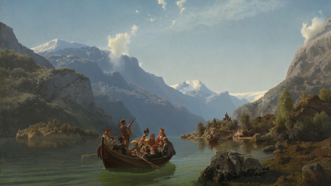 A rowboat with finely dressed people cross a fjord with mountains and a church in the background