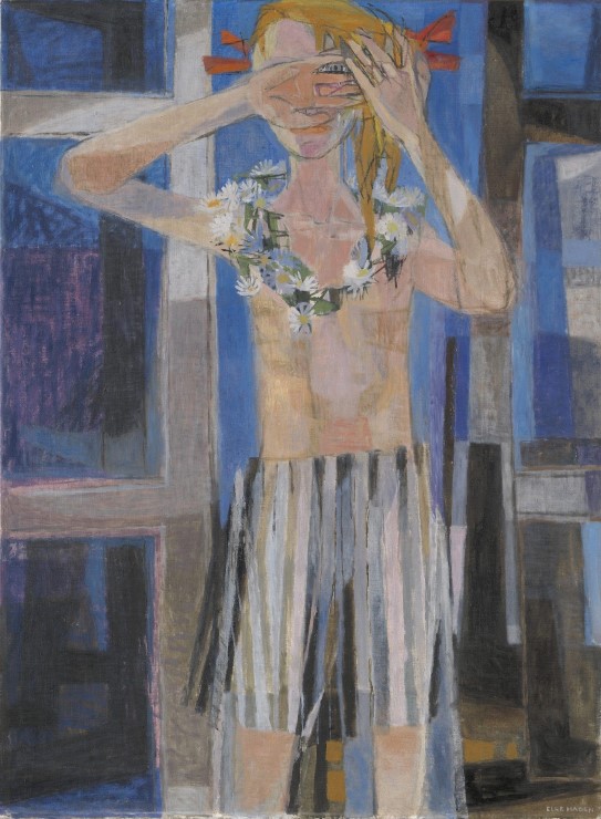 Else Hagen, «Prestekrave», 1957. Maleri av person med gult langt hår, røde sløyfer i håret, og en krans av prestekraver rundt halsen