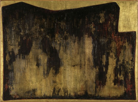 Anna-Eva Bergman, «Nr. 3-1957 Vegg», 1957. Stor sort flate på lerret av bladgull
