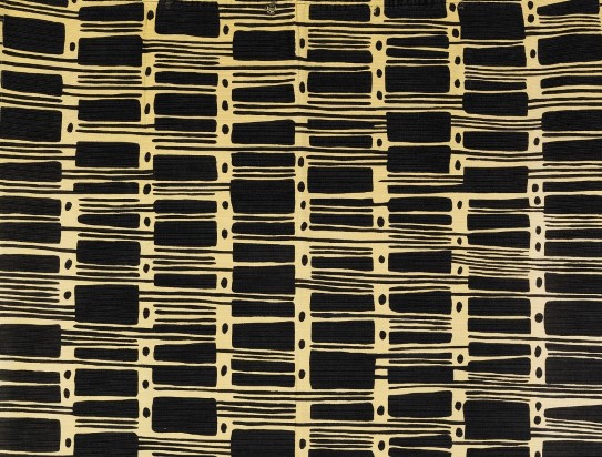 «Polynesia», Bjørn Engø (kunstner), Sandvika veveri (produsent) , ant. 1953 Maskinvevd bomullsstoff i toskaftbinding med trykket dekor i rektangler i gult og svart.