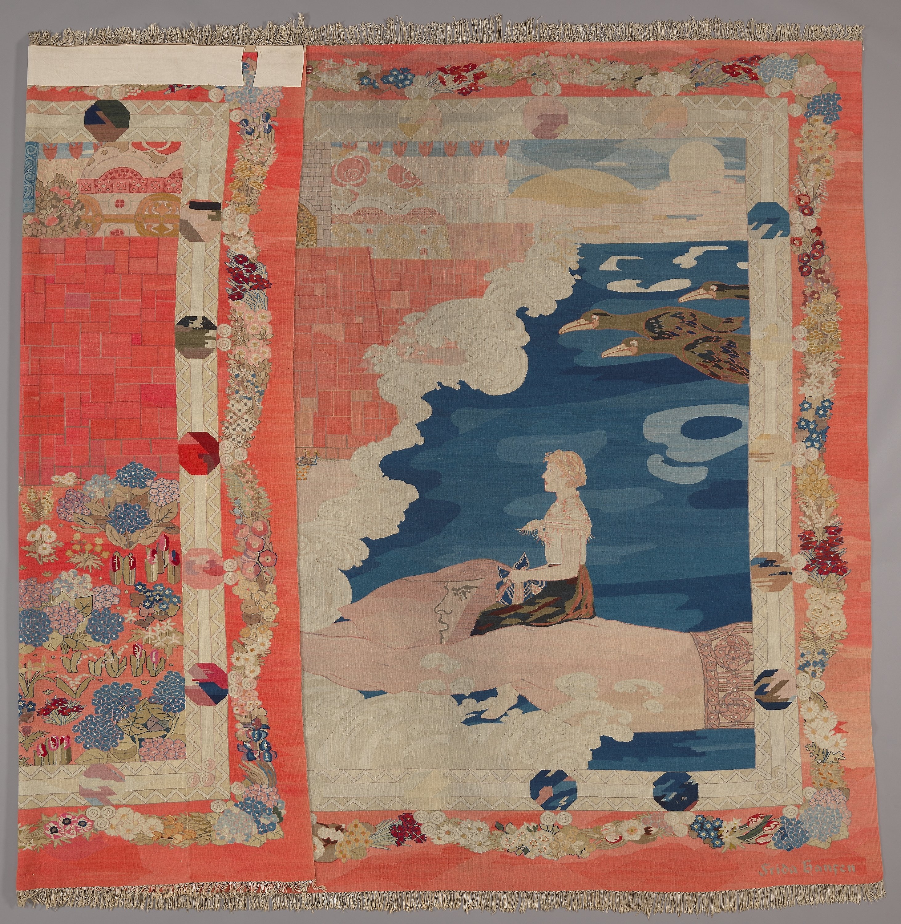 A fairy tale castle with lots of different creatures and pink colours