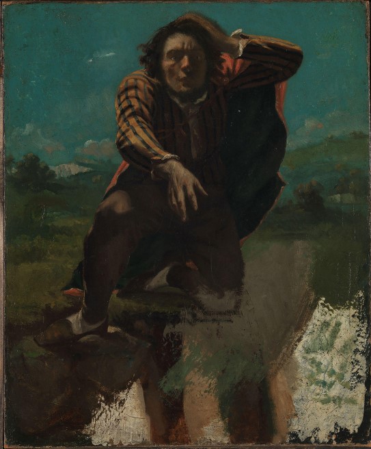 Gustave Courbet, «På kanten av stupet», 1844 Maleri av en mann i frykt på kanten av et stup