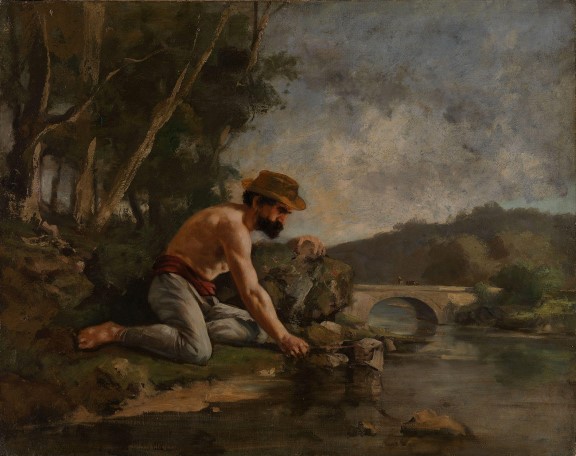 Gustave Courbet, «Fiskeren», 1862–1877 Maleri av en mann i bar overkropp og hatt som sitter ved et vann