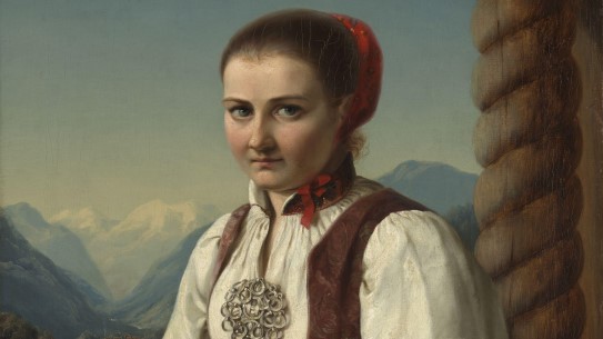 Hedevig Lund, «Bunadkledd pike i svalgang», 1849.