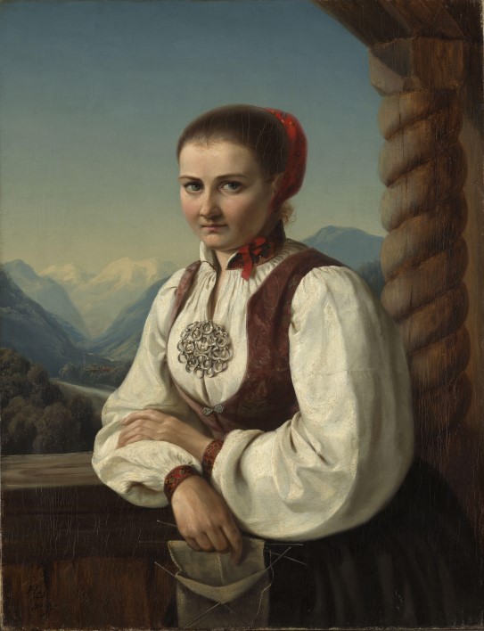 Hedevig Lund, «Bunadkledd pike i svalgang», 1849.