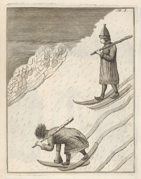 Odvardt Helmoldt de Lode (antatt/navdojuvvon), «Skiløpere i nedoverbakke / Čuoigit vulosluohká», første halvdel av 1750-tallet Grafikk. To skiløpere på vei ned en bakke.