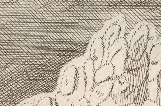 O. H. de Lode (navdojuvvon), «Skiløpere i nedoverbakke / Čuoigit vulosluohká» (detalj/bietna), siste halvdel av 1700-tallet Detalj som viser kobberstikk og etsning