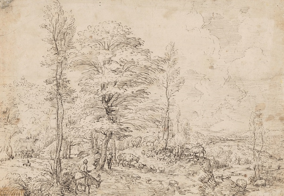 Oppe på høyden vises et lite hus og en mann på hest i forgrunnen.  Til høyre åpner det seg et bakkelandskap, med utsikt.