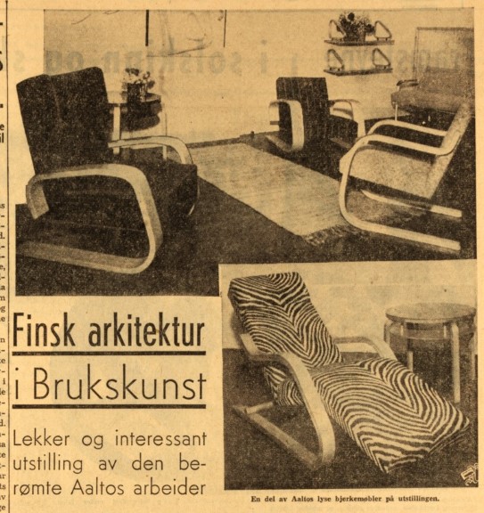 Otti Berger's zebra textile on Aalto's chair no. 39 at the Aalto exhibition in Foreningen Brukskunst, Kunstnernes Hus, 1938. facsimile of news paper article. text and photos