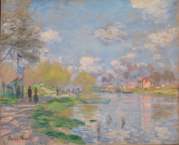 Claude Monet, «Vår ved Seinens bredd», 1878.  Ruslende folk og dagligliv langs elven en solfylt dag