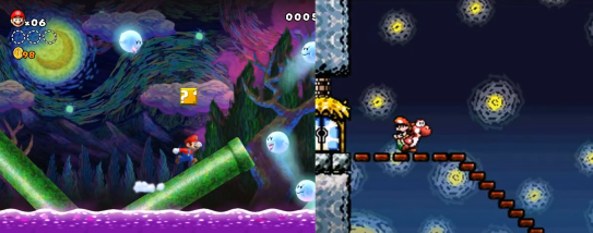 Aner vi van Gogh i disse Mario-spillene? F.v. «New Super Mario Bros U» (2012) og «Super Mario World 2: Yoshi’s Island» (1995)