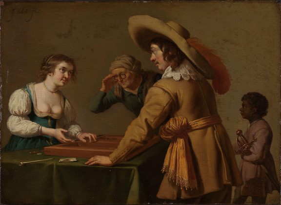 Two men playing dice, with a woman and a boy