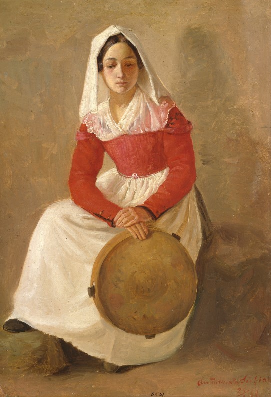 Adolph Tidemand, «Anunziata», 25. november 1841 Ung, sittende kvinne med rød kjole, hvitt sjal og hvitt forkledet