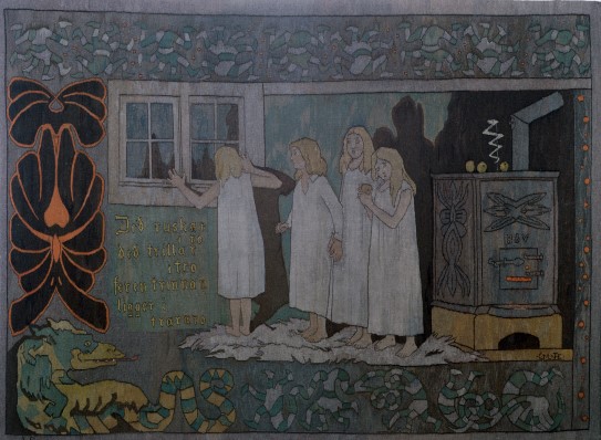 Augusta Christensen, Gerhard Munthe (kunstner for mønster/kartong), «Mørkredd», 1905. Fire redde jenter i nattkjole ser rundt seg mens monster skjuler seg i skyggene