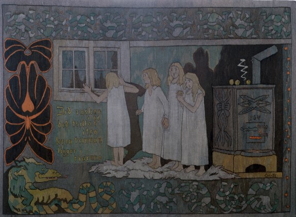 Augusta Christensen, Gerhard Munthe (kunstner for mønster/kartong), «Mørkredd», 1905. Fire redde jenter i nattkjole ser rundt seg mens monster skjuler seg i skyggene