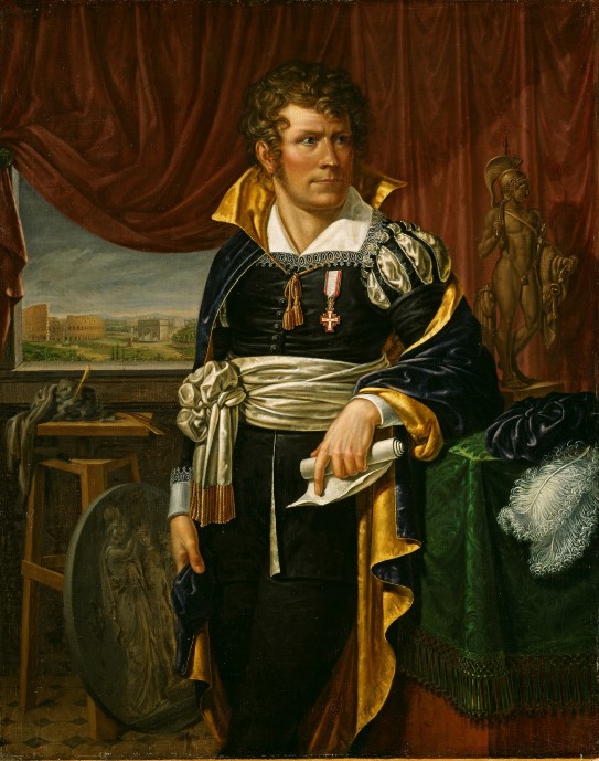 Jacob Munch, «Billedhuggeren Bertel Thorvaldsen», 1811. Maleri av staselig kledd mann som poserer i et atelier