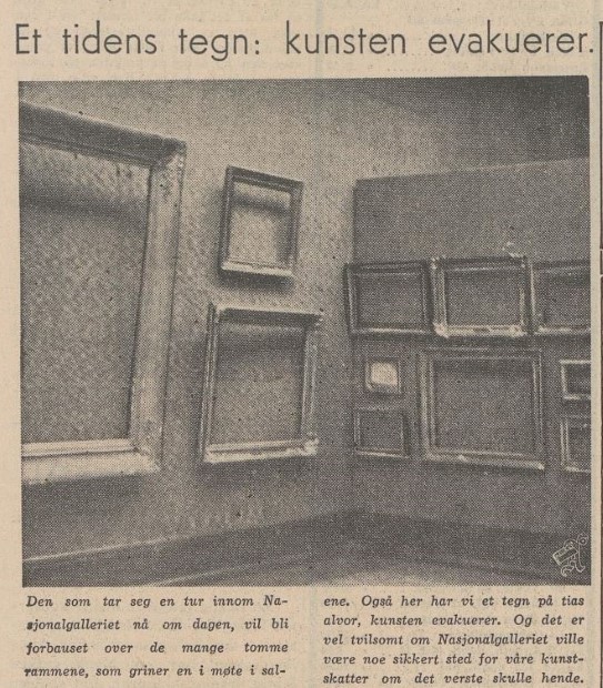 Evakuering og tomme rammer i Nasjonalgalleriet. Arbeiderbladet, 27. februar 1940.