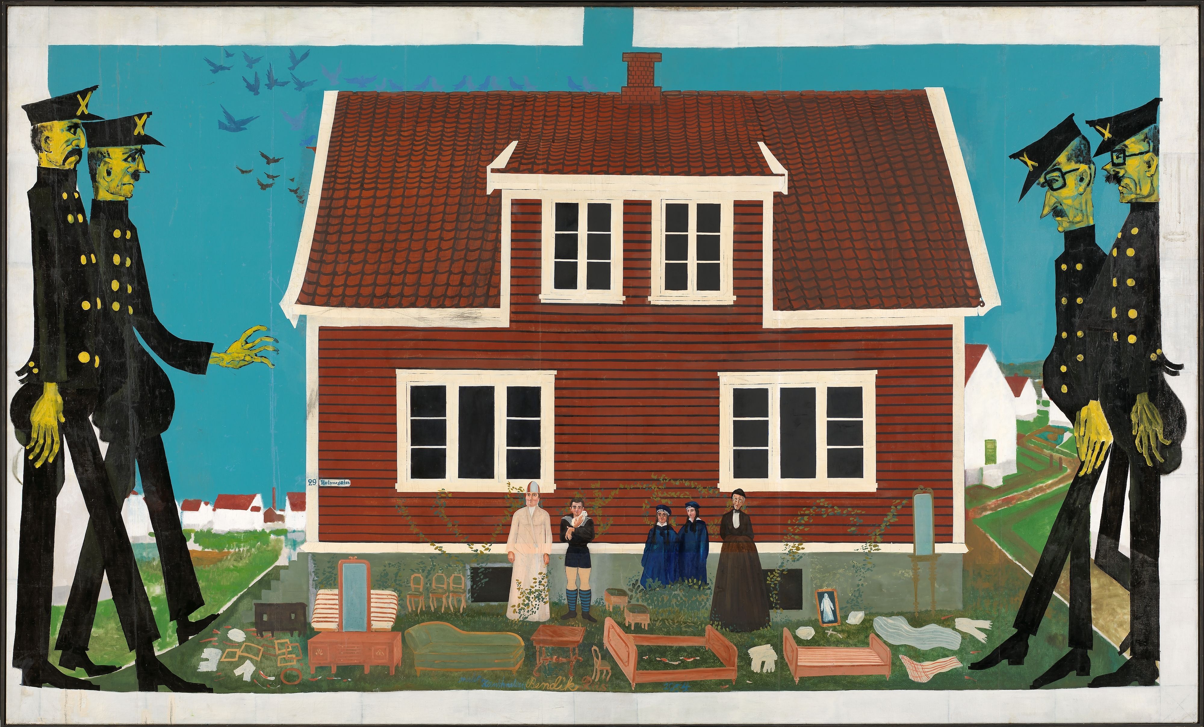 Bendik Riis, «Utkastelsen», 1954 Rødt hus og store politimenn som truer liten familie