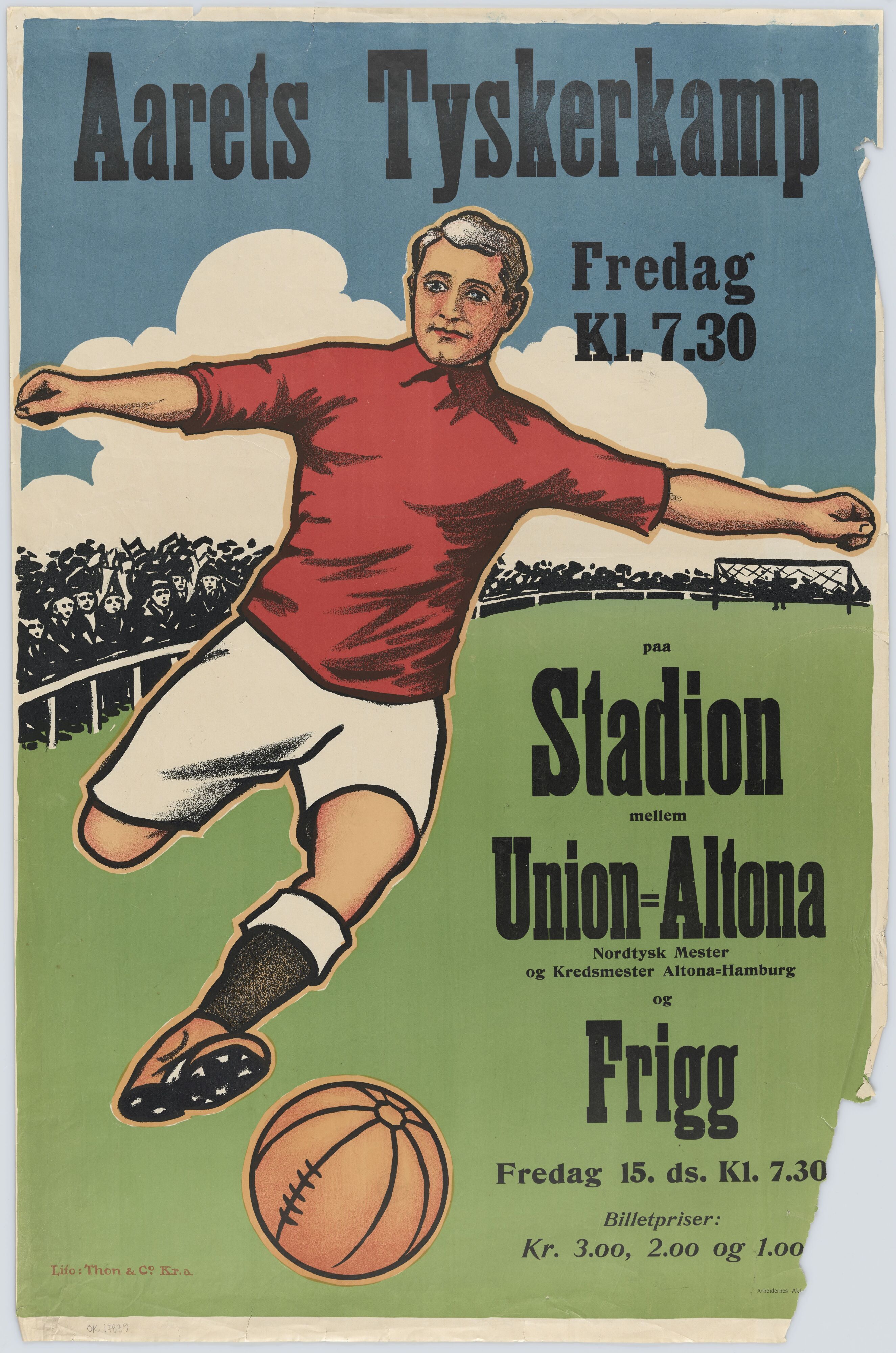 Frigg inviterte til «Aarets Tyskerkamp» mot de nord-tyske kretsmesterne Union Altona i 1910. Thon & Co A/S (produsent) Plakat av mann som sparker fotball