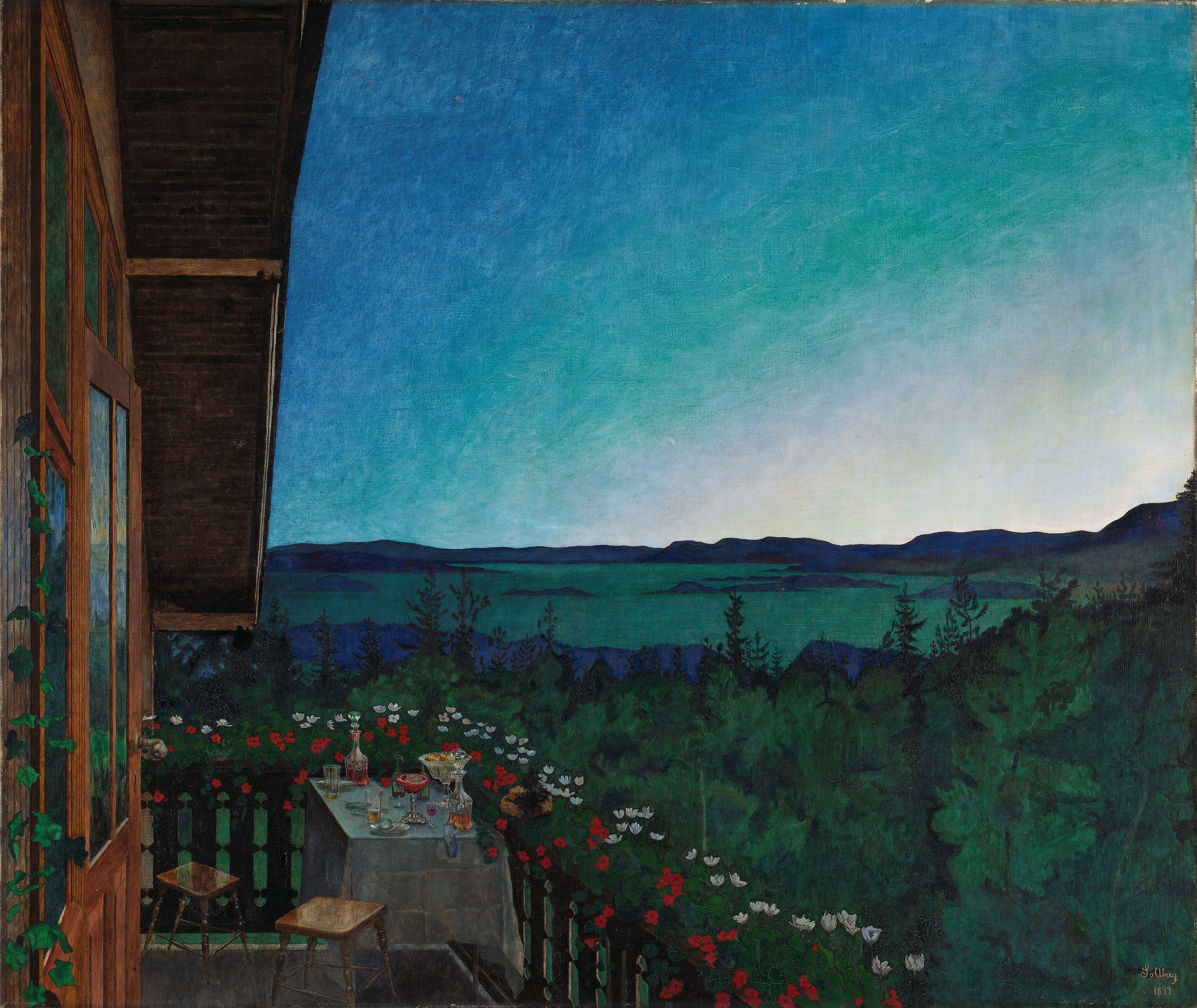 Harald Sohlberg, «Sommernatt», 1899. Balkong med blomster og utsikt