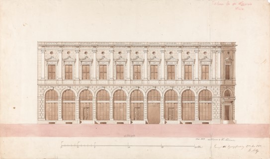 «Peter Petersens gård i Karl Johans Gate», 1858. Arkitekt: von Hanno og Schirmer Tegning av bygning med mange vinduer