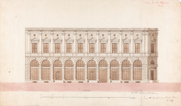 «Peter Petersens gård i Karl Johans Gate», 1858. Arkitekt: von Hanno og Schirmer Tegning av bygning med mange vinduer