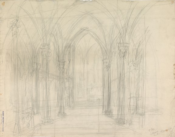 Alexis de Chateauneuf: «Utkast til interiør i Trefoldighetskirken», 1850. Blyant på papir, 427 x 544 mm Røff blyantskisse av kirkeinteriør