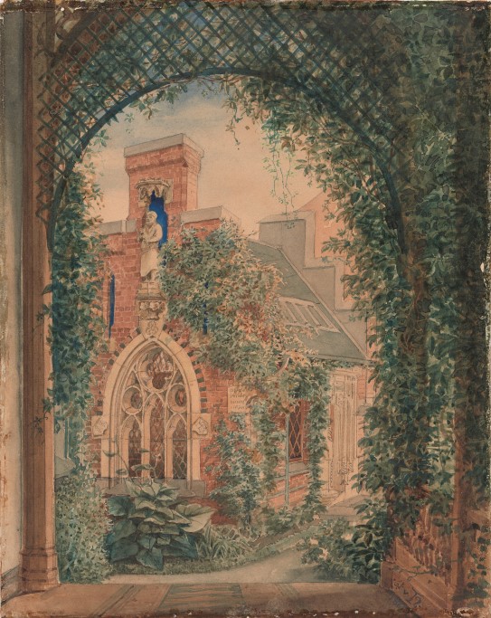 Wilhelm von Hanno: «Eget atelier», 1861. Akvarell på papir, 292 x 232 mm. tegning av gammelt steinhugger-atelier