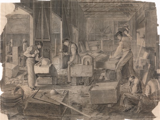 Wilhelm von Hanno: «Trefoldighetskirkens steinhoggerverksted», 1852. Blyant på papir, 475 x 620 mm. tegning. tre menn jobber i et verksted