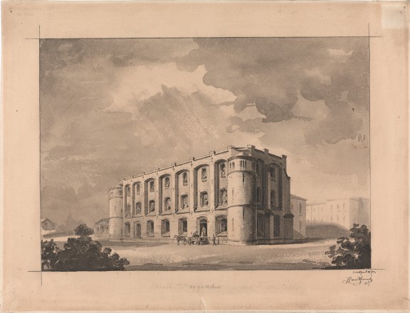 Wilhelm von Hanno: «Forslag til bygning for Riksarkivet», 1853. Penn og lavering på papir, 361 x 474 mm.