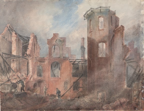 Wilhelm von Hanno: «Petersens gård etter brannen», 1858. Akvarell, 253 x 327 mm. Akvarelltegning av nedbrent hus