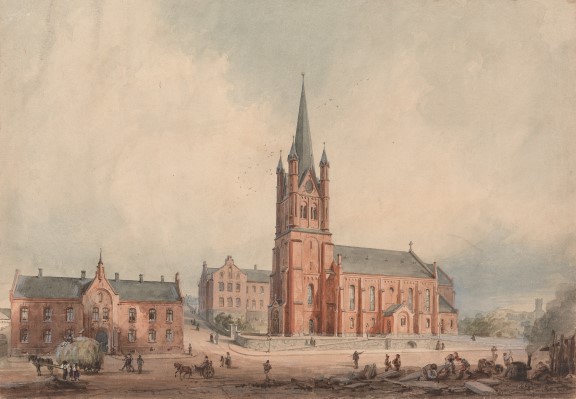 Wilhelm von Hanno: «Forslag til bebyggelse på Grønland», 1864. Akvarell, 315 x 450 mm. kirke