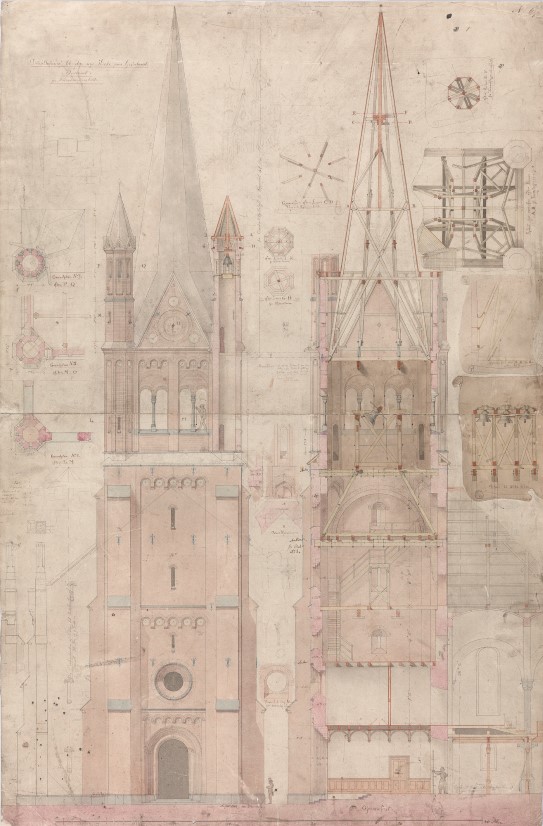 Wilhelm von Hanno: «Tårnet på Grønland kirke», 1866. Penn og lavering på papir, 987 x 652 mm.