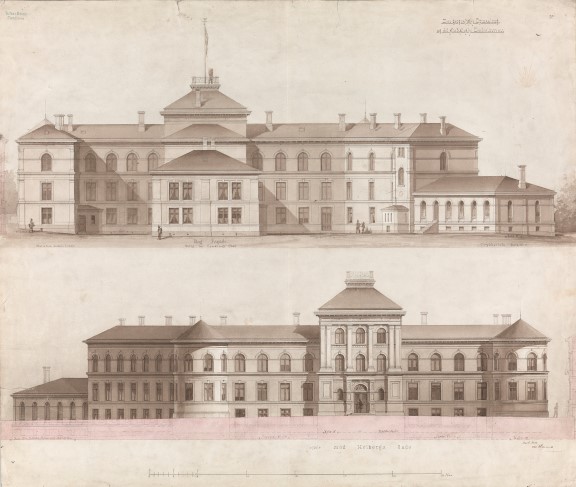 Wilhelm von Hanno: «Norges geografiske oppmåling», 1877. Penn og lavering på papir, 640 x 750 mm. Fasadeoppriss. arkitekttegning bygning
