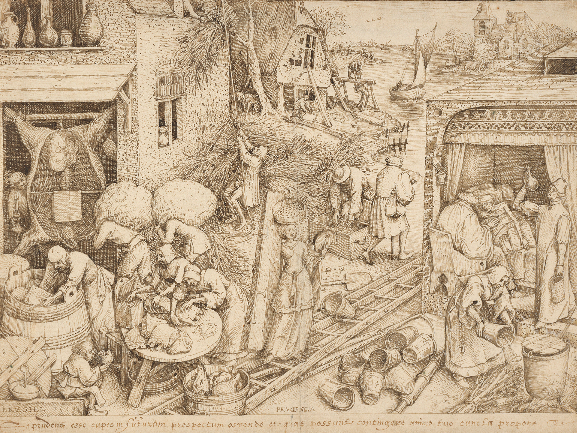 Pieter Bruegel den eldre, «Klokskap», 1559. Innlån fra Belgias kongelige kunstmuseer, Brussel En detaljert scene fra en 1500-talls landsby med folk i forskjellige aktiviteter
