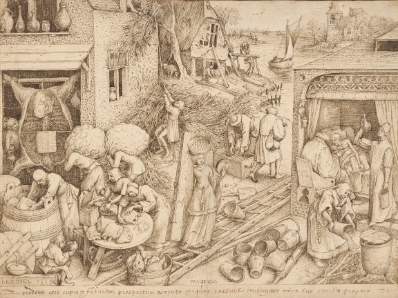 En detaljert scene fra en 1500-talls landsby med folk i forskjellige aktiviteter