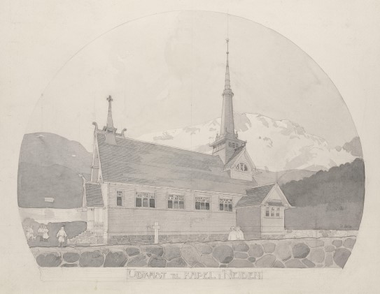 Henrik Bull, «Utkast til et kapell i Neiden», 1899. Tegning av kirkebygg i tre