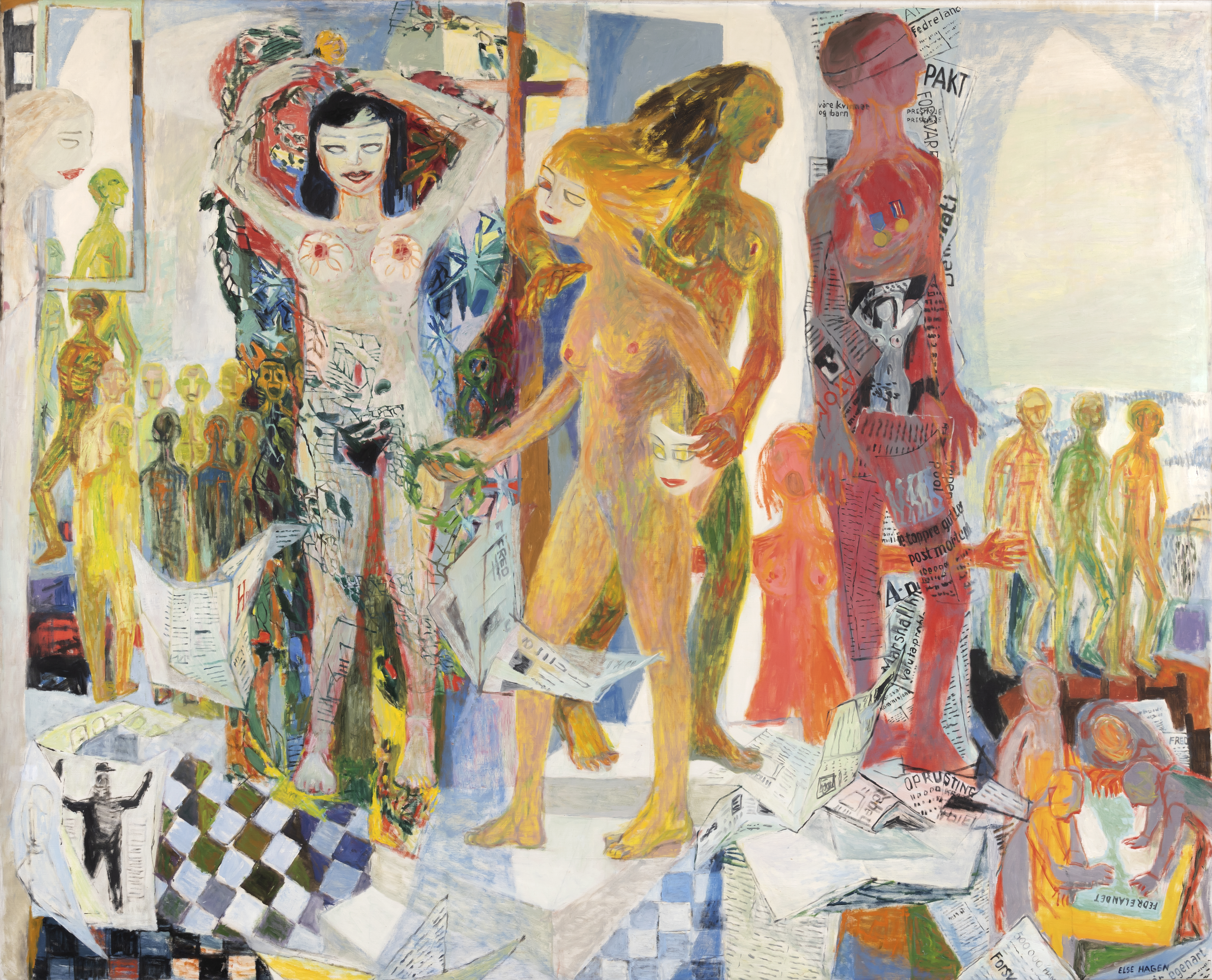 Tre nakne kvinneskikkelser i sentrum der to av dem har maske, mens den tredje har kastet maska.