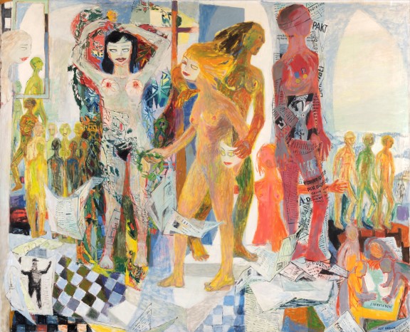 Else Hagen, «Rollene utdelt», 1950. Tangen-samlingen / Kunstsilo Tre nakne kvinneskikkelser i sentrum der to av dem har maske, mens den tredje har kastet maska.